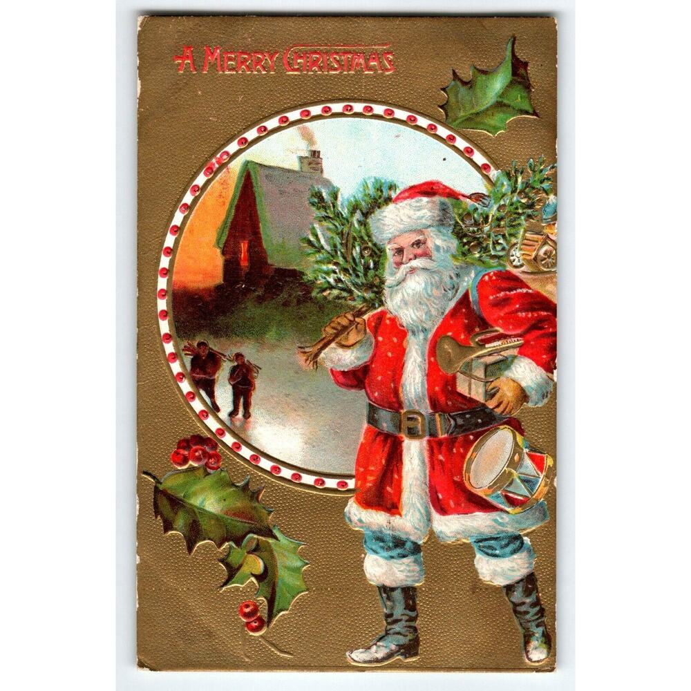 Santa Claus Holds Toy Drum Bugle Gifts Christmas Tree Postcard 1909 Embossed